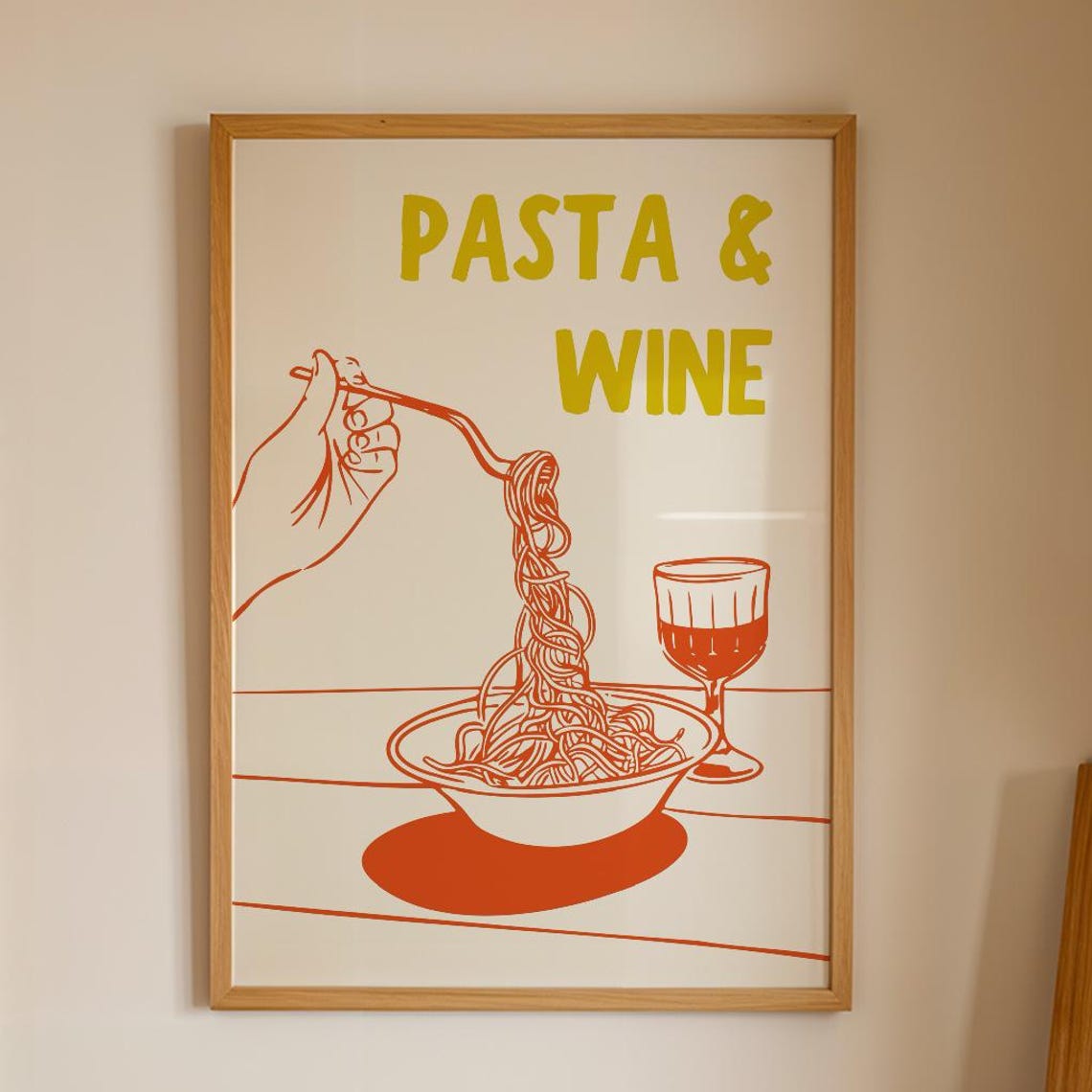 Pasta and Wine Hand Drawn Spaghetti Bowl Retro Kitchen Poster