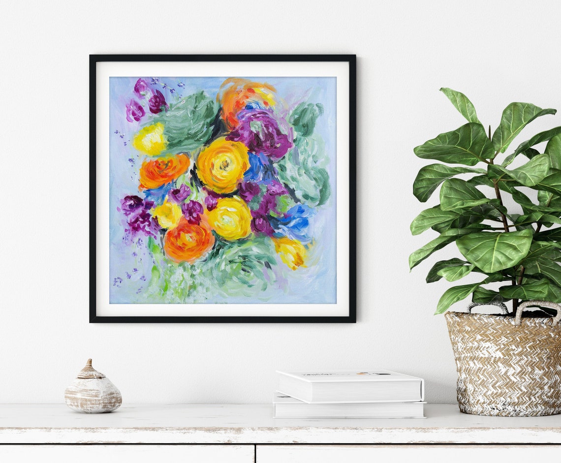 Bright Yellow Orange Purple Bouquet Impressionist Floral Poster