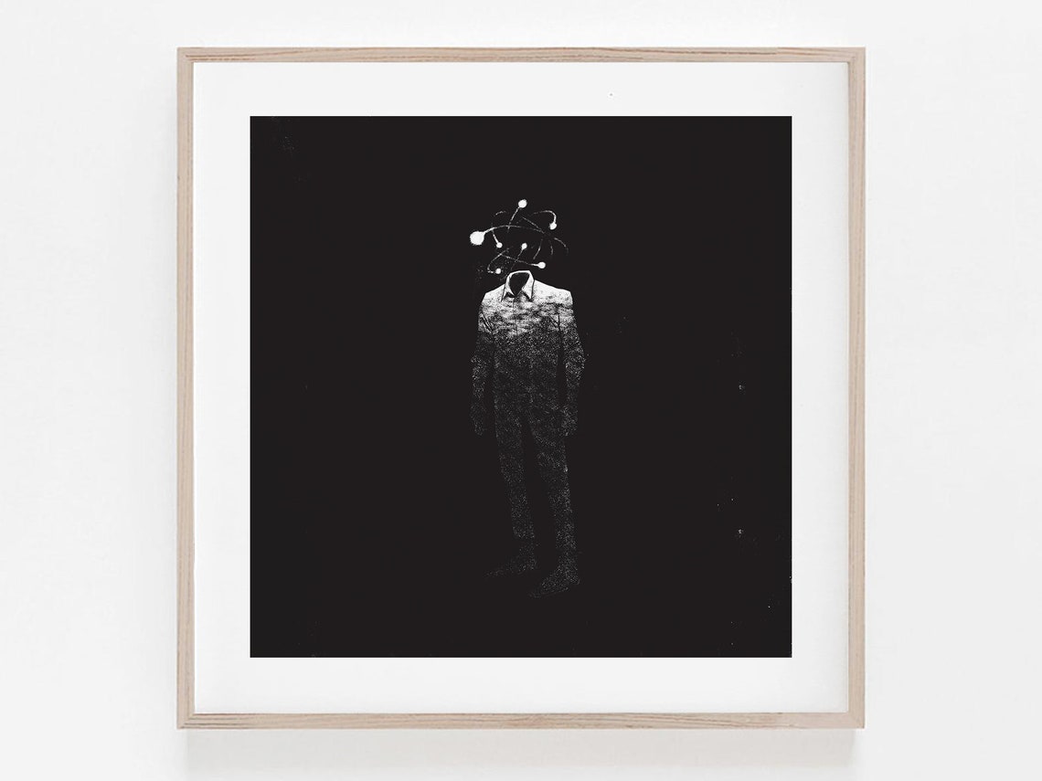 Abstract Headless Suit Surreal Atomic Mind Black and White Art Print