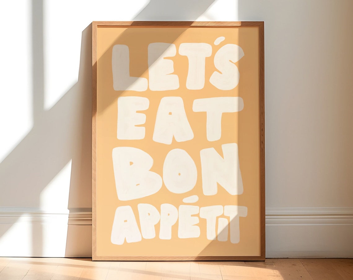 Lets Eat Bon Appetit Warm Beige Kitchen Typography Art Print