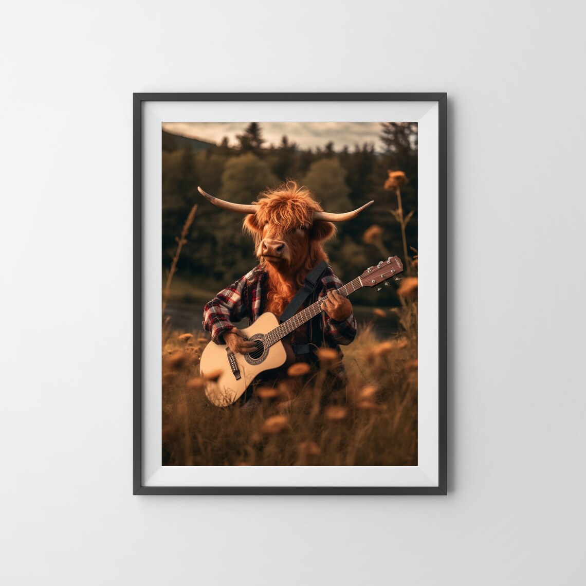 Highland Cow Playing Acoustic Guitar in a Sunset Meadow Poster - Image 3