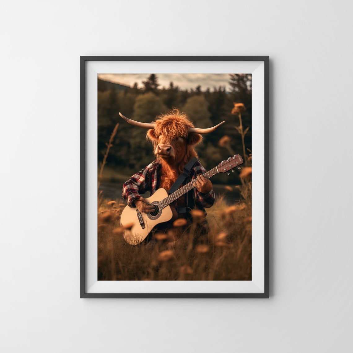 Highland Cow Playing Guitar Funny Animal Print Funny Cow Wall Art Music Decor Farm Animal Art Retro Cow Humour Vintage Animal Print - Image 3