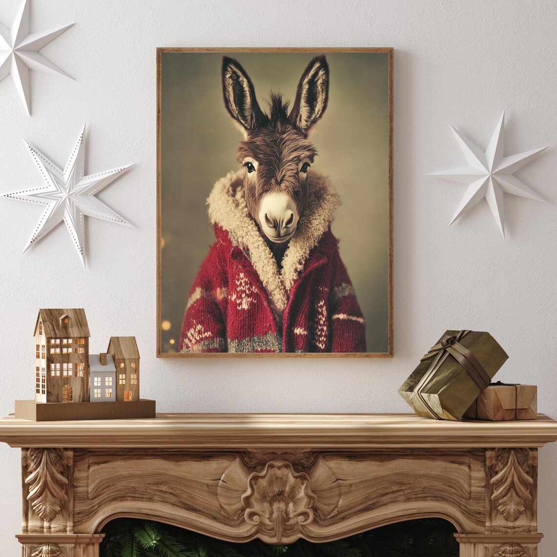 Donkey Wearing Red Knit Christmas Cardigan Cozy Holiday Poster - Image 2