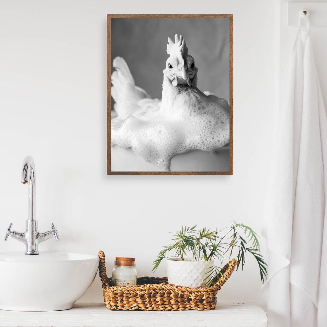 White Chicken in Bubble Bath Black and White Funny Bathroom Poster - Image 2