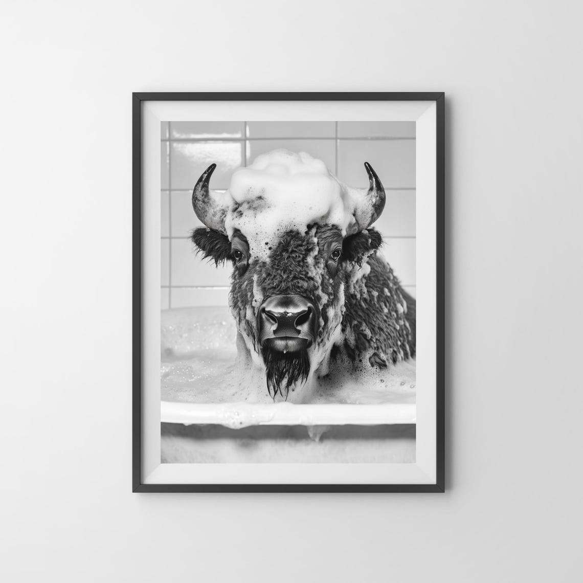 Bison Bubble Bath Funny Black And White Wild Animal Wall Poster - Image 3