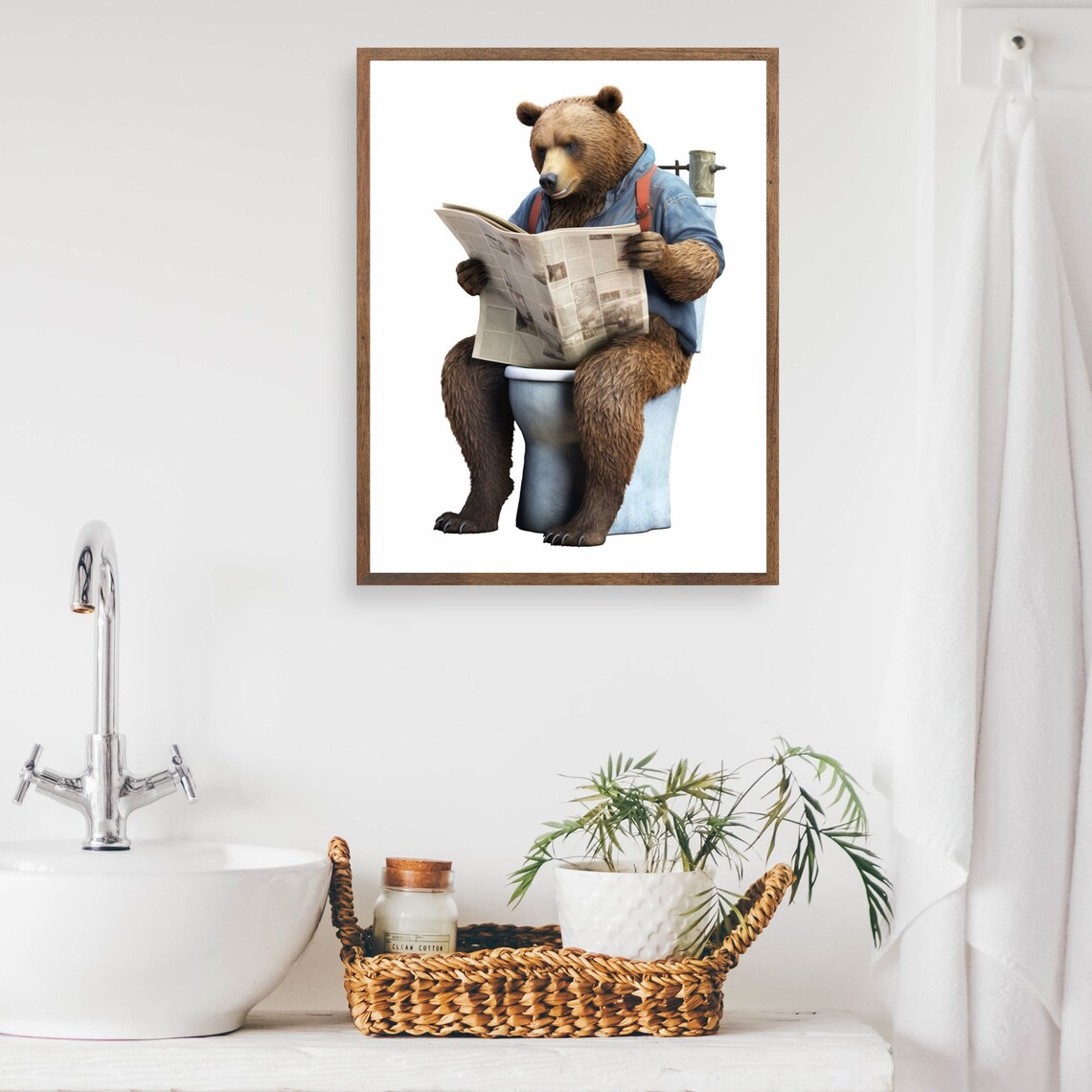 Funny Bear on Toilet Reading Newspaper Quirky Bathroom Poster - Image 2