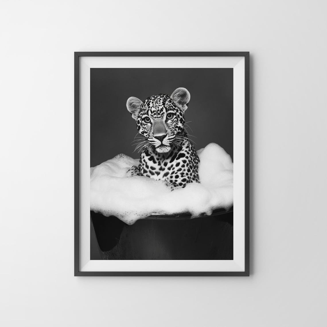 Leopard in a Bubble Bath Black and White Funny Animal Poster - Image 3