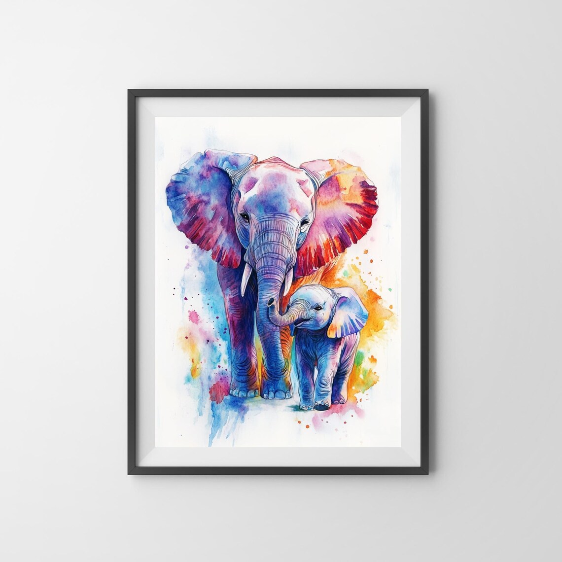 Colorful Elephant Mother and Baby Watercolor Nursery Wall Art - Image 3