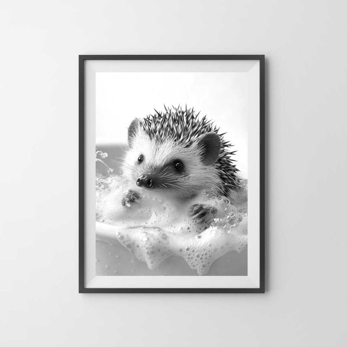 Hedgehog Enjoying a Bubble Bath in Black and White Cute Poster - Image 3