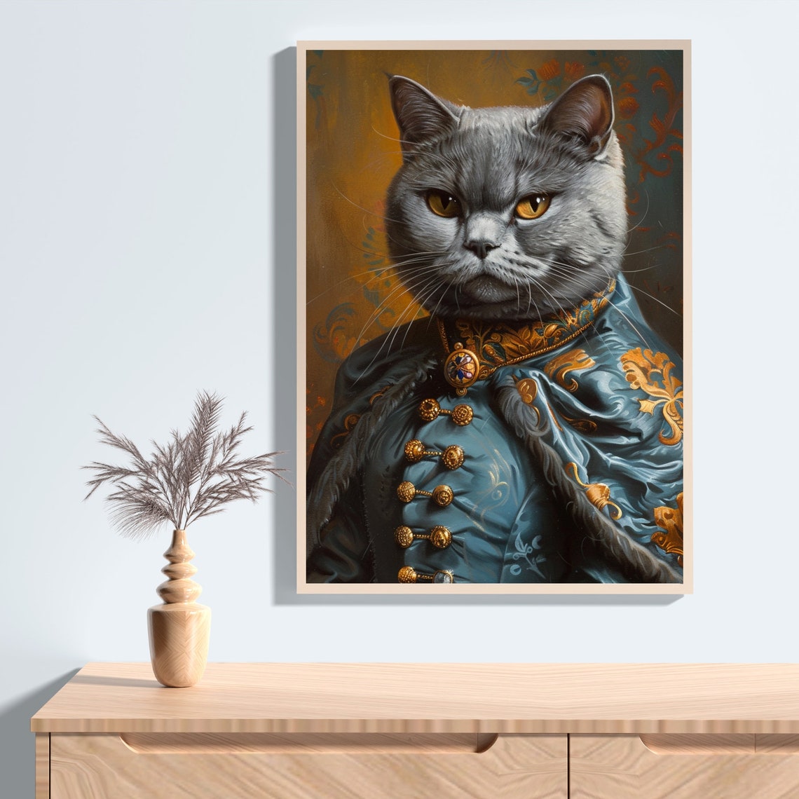 British Shorthair Cat in a Blue Silk Royal Costume Portrait Poster - Image 2
