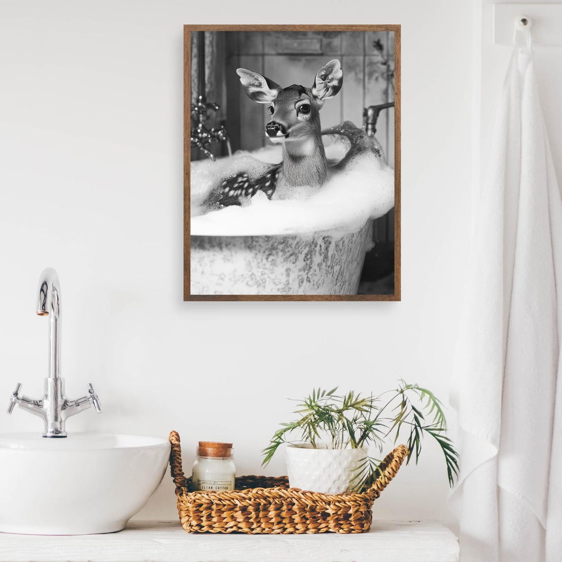 Baby Deer in Bubble Bath Black and White Cute Animal Bathroom Poster - Image 2