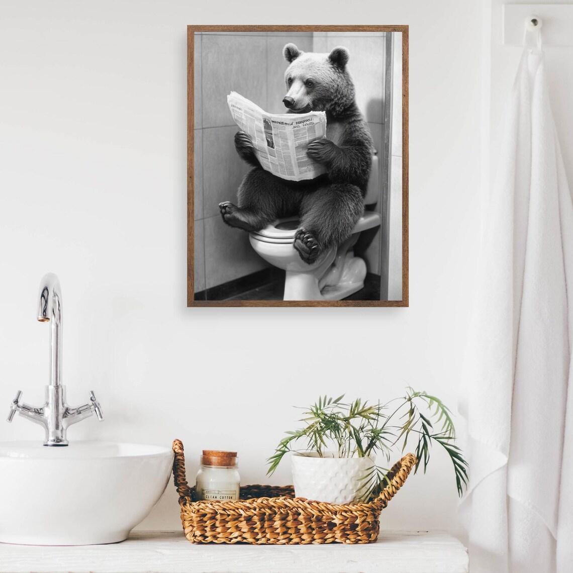 Bear On Toilet Reading Newspaper, Bathroom Poster - Image 2