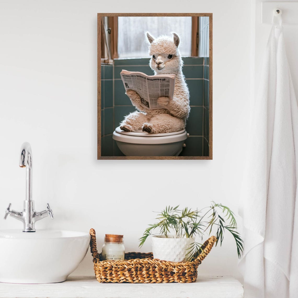 Fluffy Alpaca Reading Newspaper on Toilet Funny Bathroom Poster - Image 2