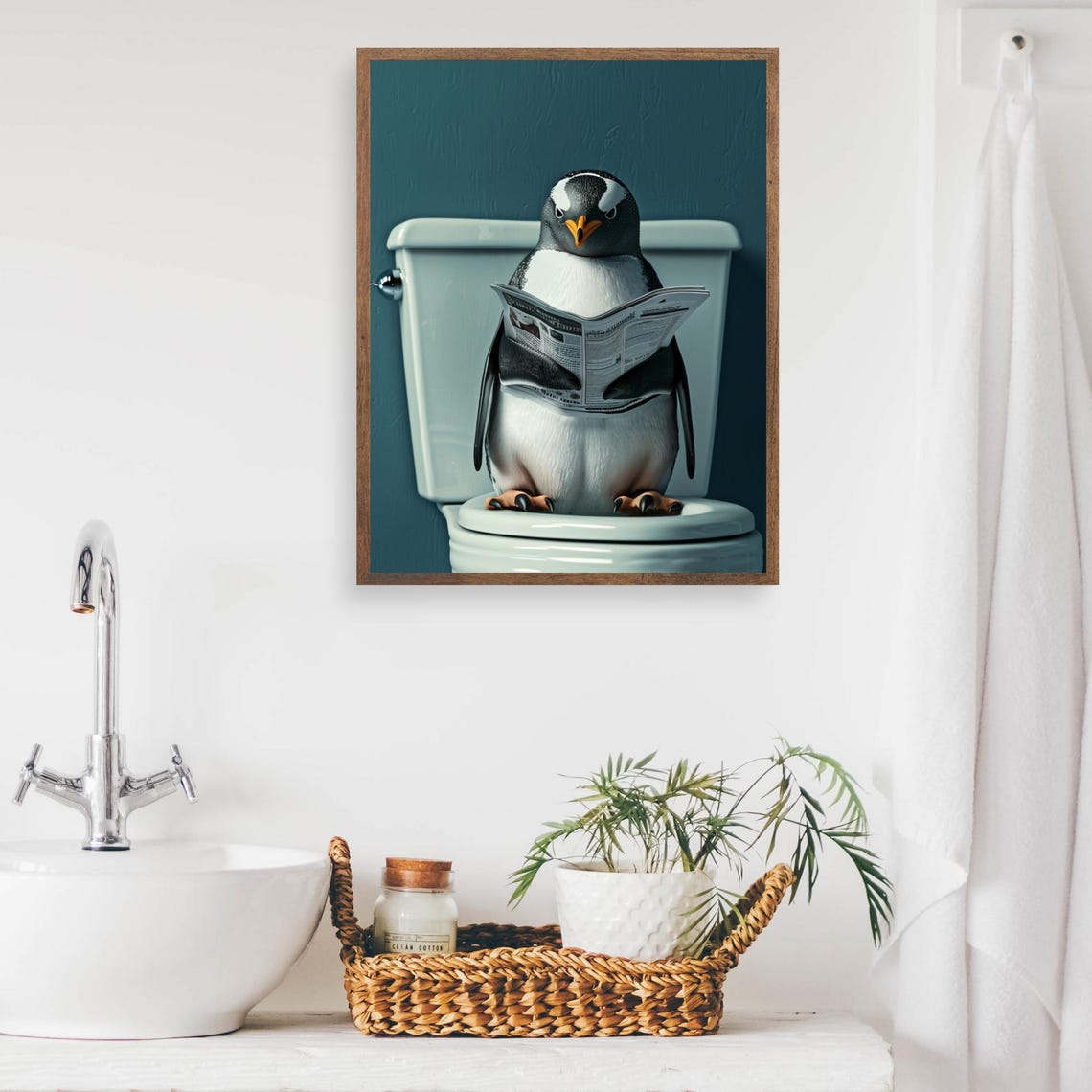 Penguin Reading a Newspaper While Sitting on the Toilet Funny Poster - Image 2