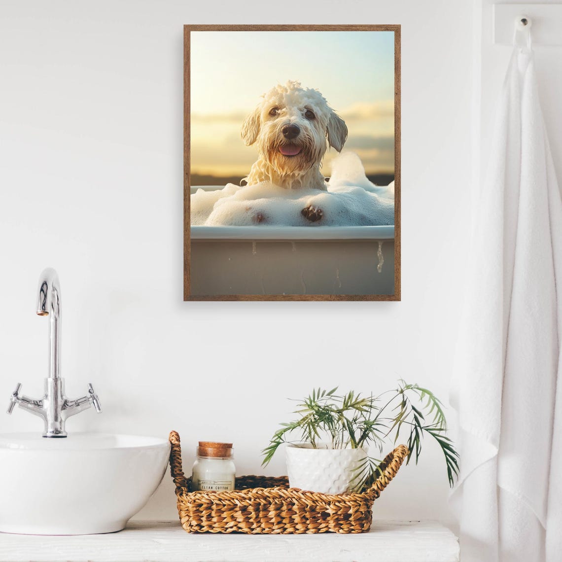 Old English Sheepdog Taking A Bubble Bath Sunset Bathroom Poster - Image 2
