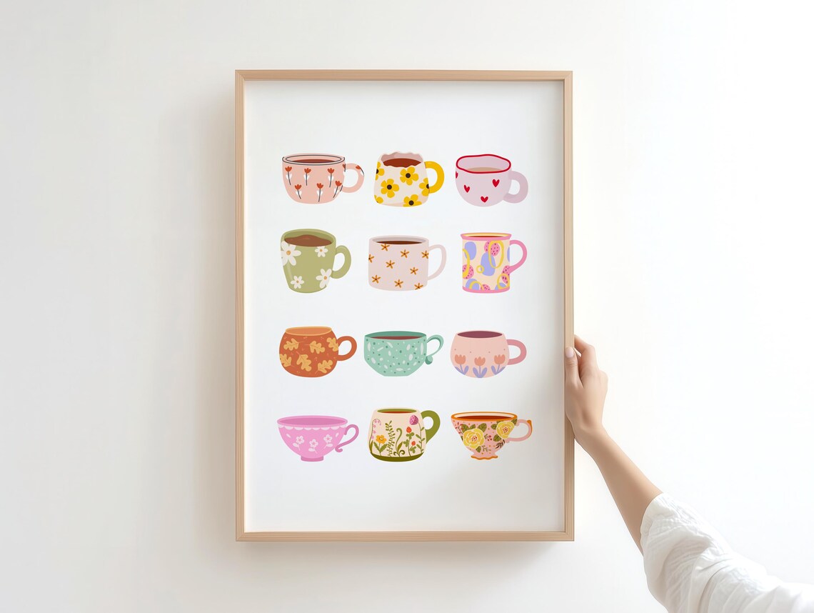 Set Of Twelve Colorful Coffee Cups Playful Kitchen Art Poster