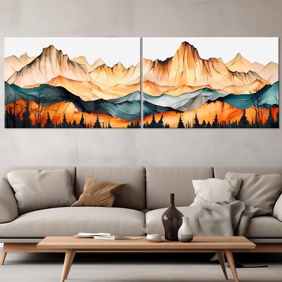 Golden Mountain Print Landscape Wall Art Forest Print Nature Rustic Wall Art Extra Large Wall Art Living Room Print