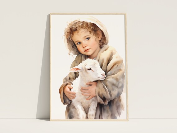 Child Jesus in Hood Holding Lamb Soft Watercolor Nursery Art Poster