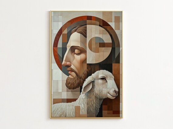 Jesus Good Shepherd Geometric Mosaic Cubist Lamb Halo Art Poster