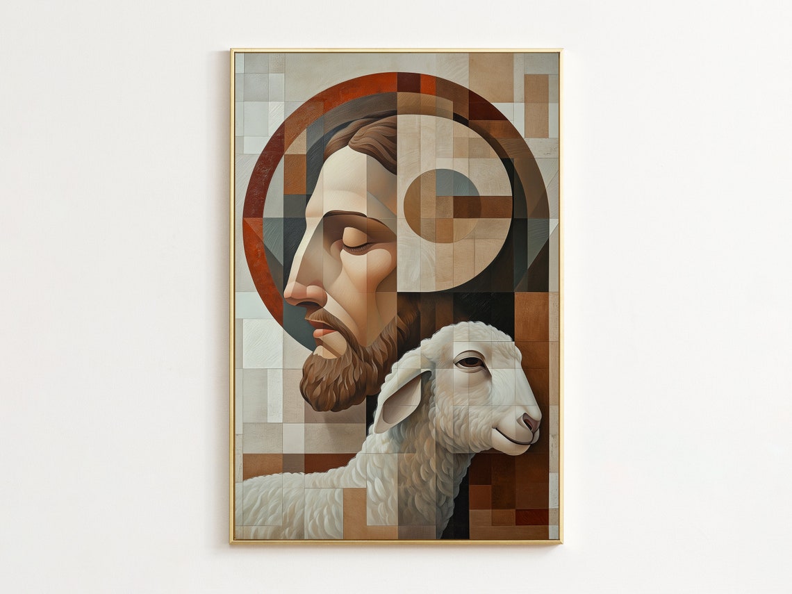 Jesus Good Shepherd Geometric Mosaic Cubist Lamb Halo Art Poster