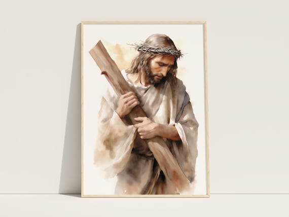 Jesus With Crown of Thorns Carrying Cross Watercolor Art Poster