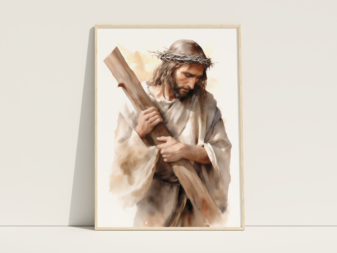 Jesus With Crown of Thorns Carrying Cross Watercolor Art Poster