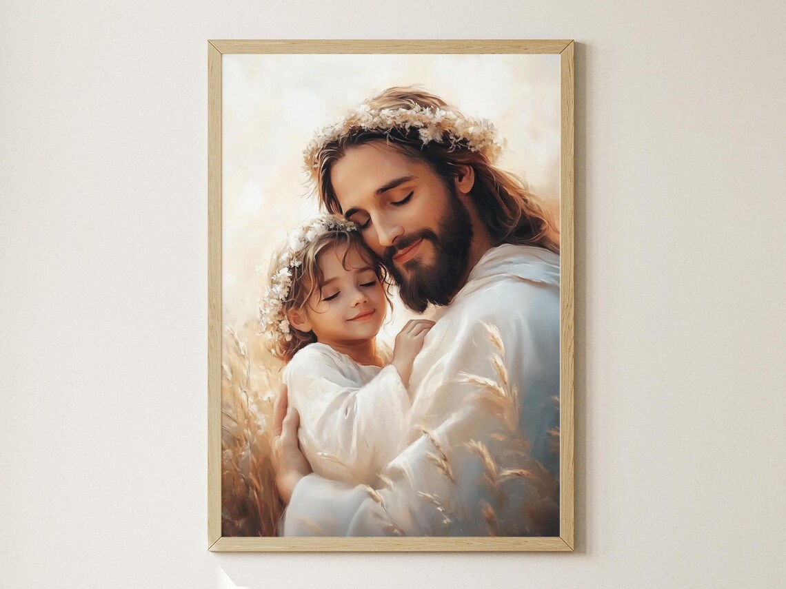 Jesus Christ Hugging Little Girl Flower Crown Wheat Field Art Poster