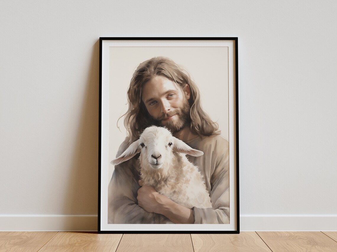 Jesus Christ Embracing Lamb Watercolor Good Shepherd Christian Art Poster - Image 3