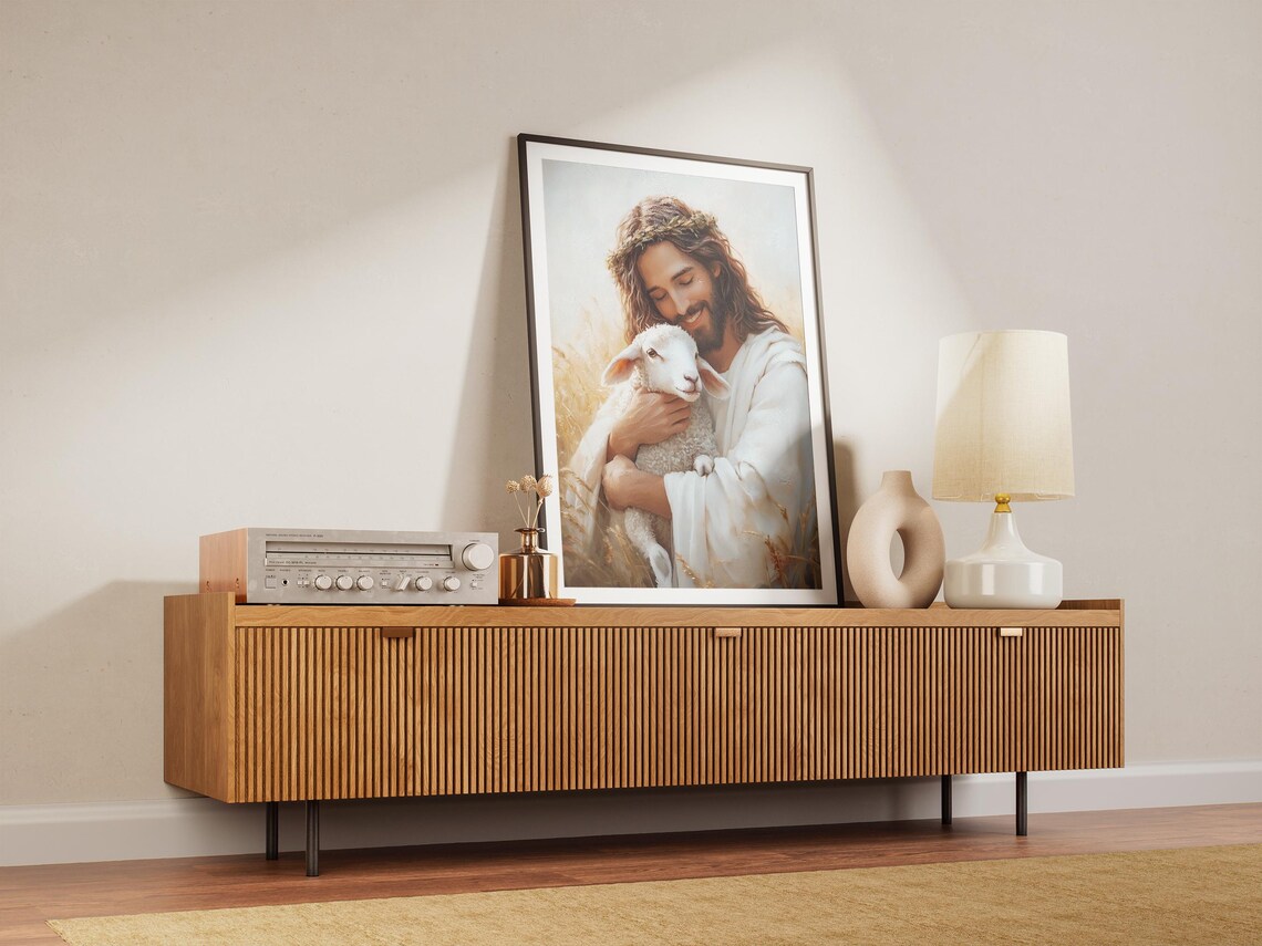 Jesus Christ Good Shepherd White Robes Lamb Wheat Field Art Poster - Image 2