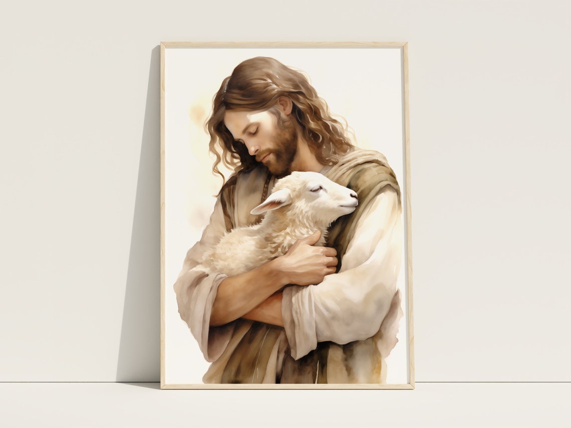 Jesus Holding Lamb Good Shepherd Soft Watercolor Portrait Art Poster