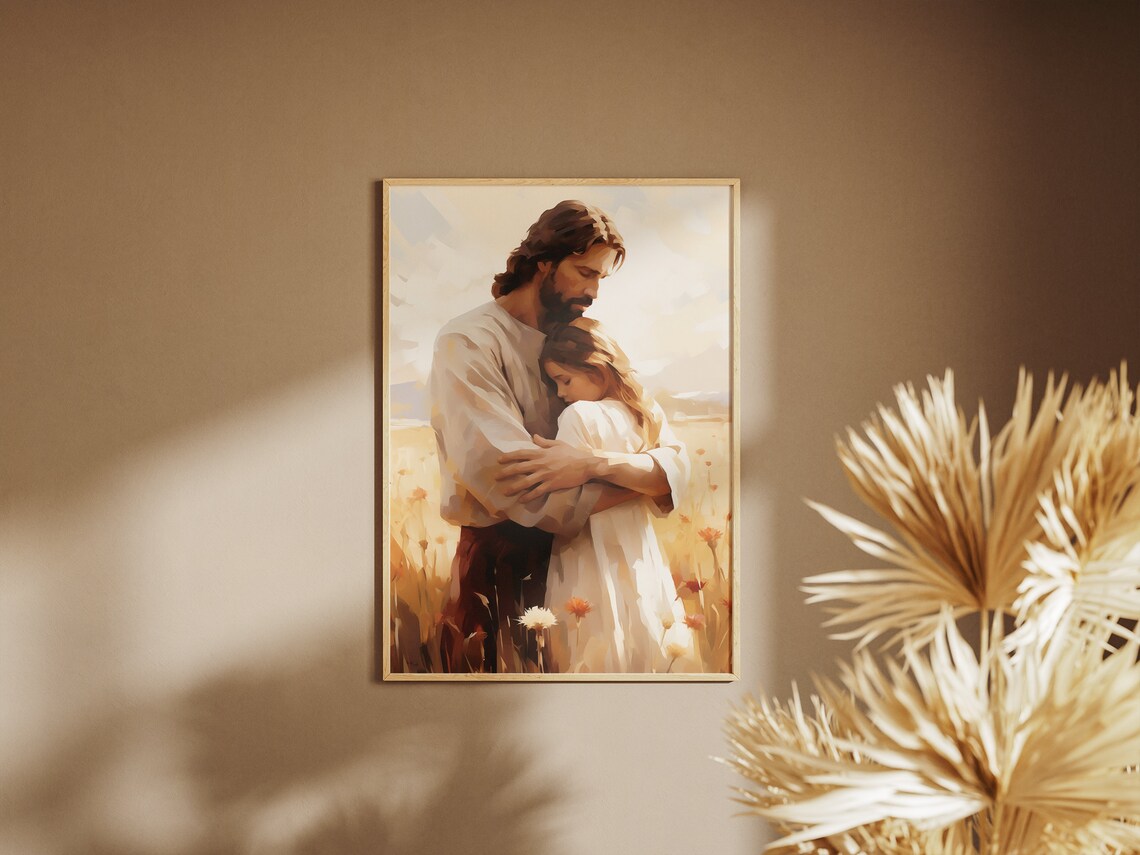 Jesus Hugging Little Girl in Wildflower Field Painterly Art Poster - Image 3