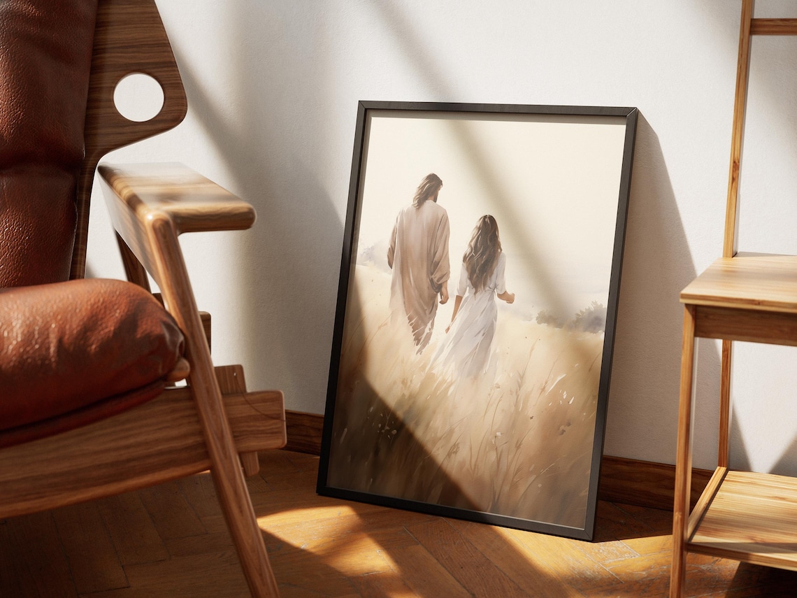 Jesus Walking With A Woman Christian Watercolor Art Print - Image 2