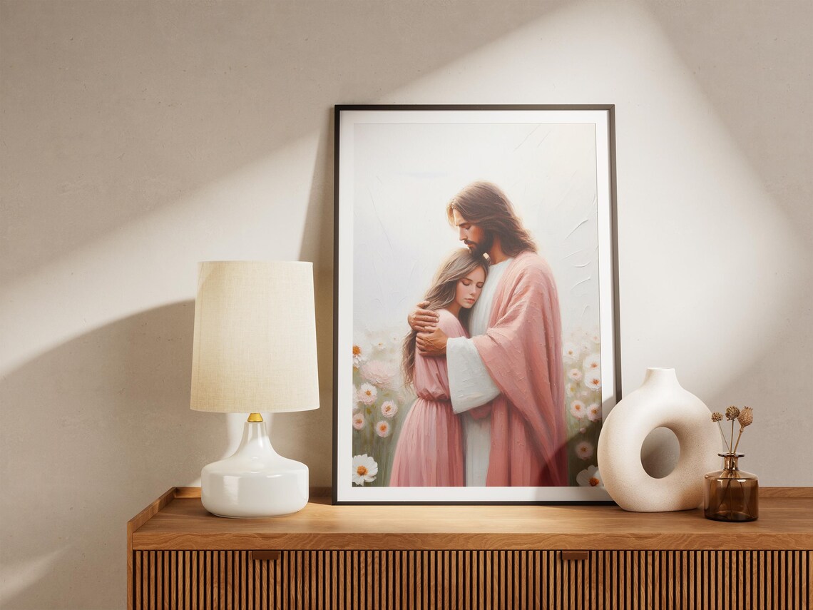 Jesus Christ Hugging Woman Daisy Field Painting Comfort Faith Poster - Image 4
