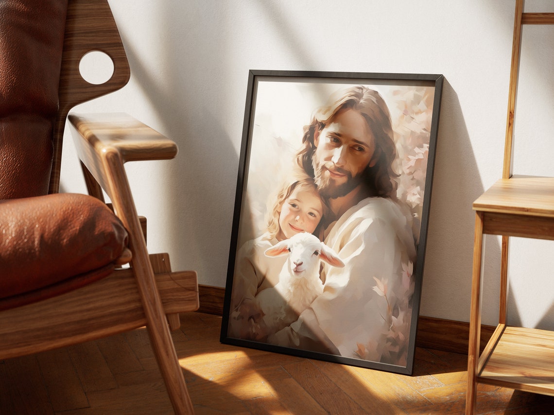 Jesus With Child and Lamb Gentle Glowing Painterly Art Poster - Image 4