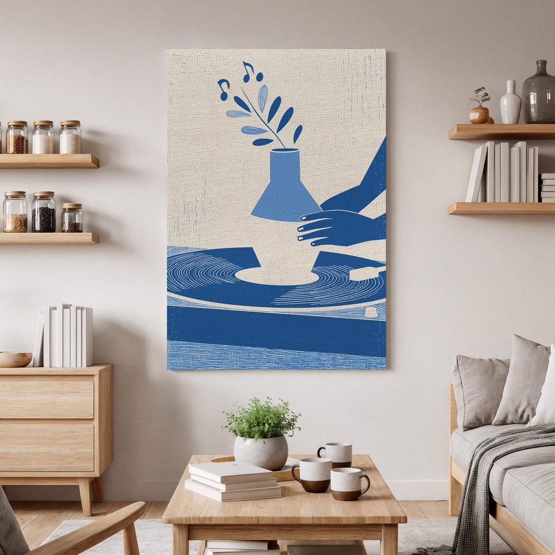 Blue Hands Pottery Vase Vinyl Record Modern Minimalist Music Wall Art