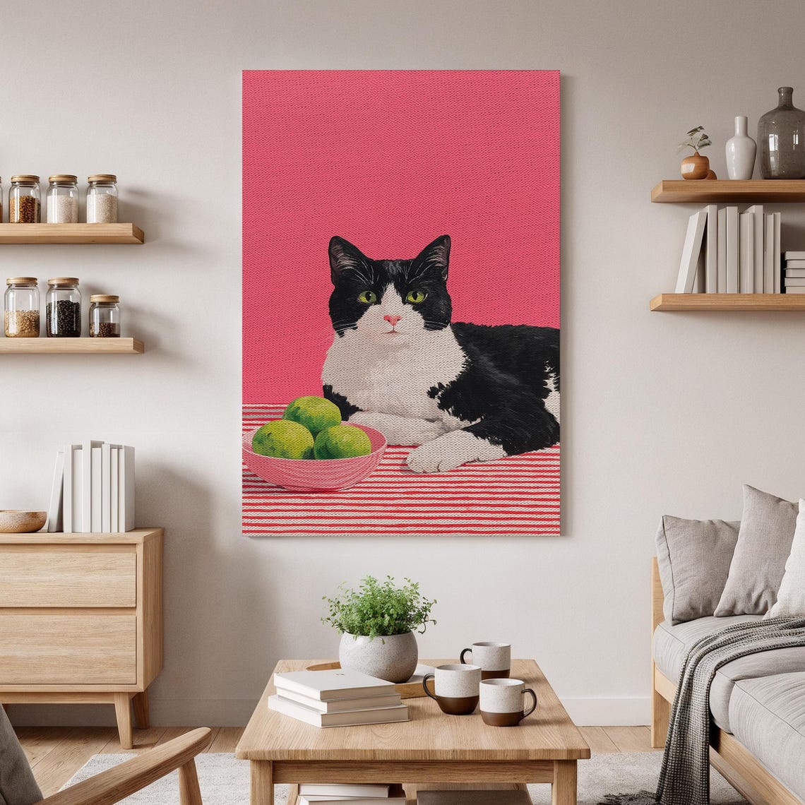 Black and White Cat Pop Art with Limes Modern Canvas Art Print