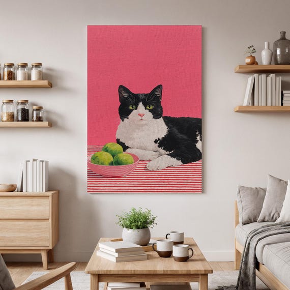 Pop Art Cat Canvas Wall Black And White With Limes Print Modern Lover Decor Whimsical Animal Artwork For Home