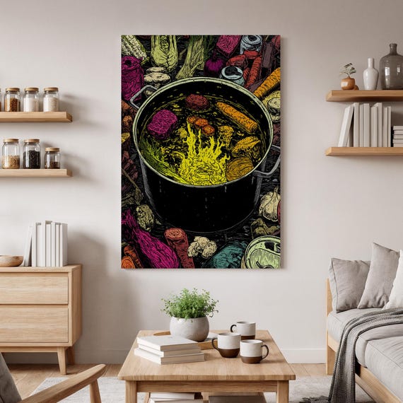 Surreal Vegetable Soup Wall Art Colorful Kitchen Canvas Print Fantasy Food Illustration Quirky Culinary For Home Dcor