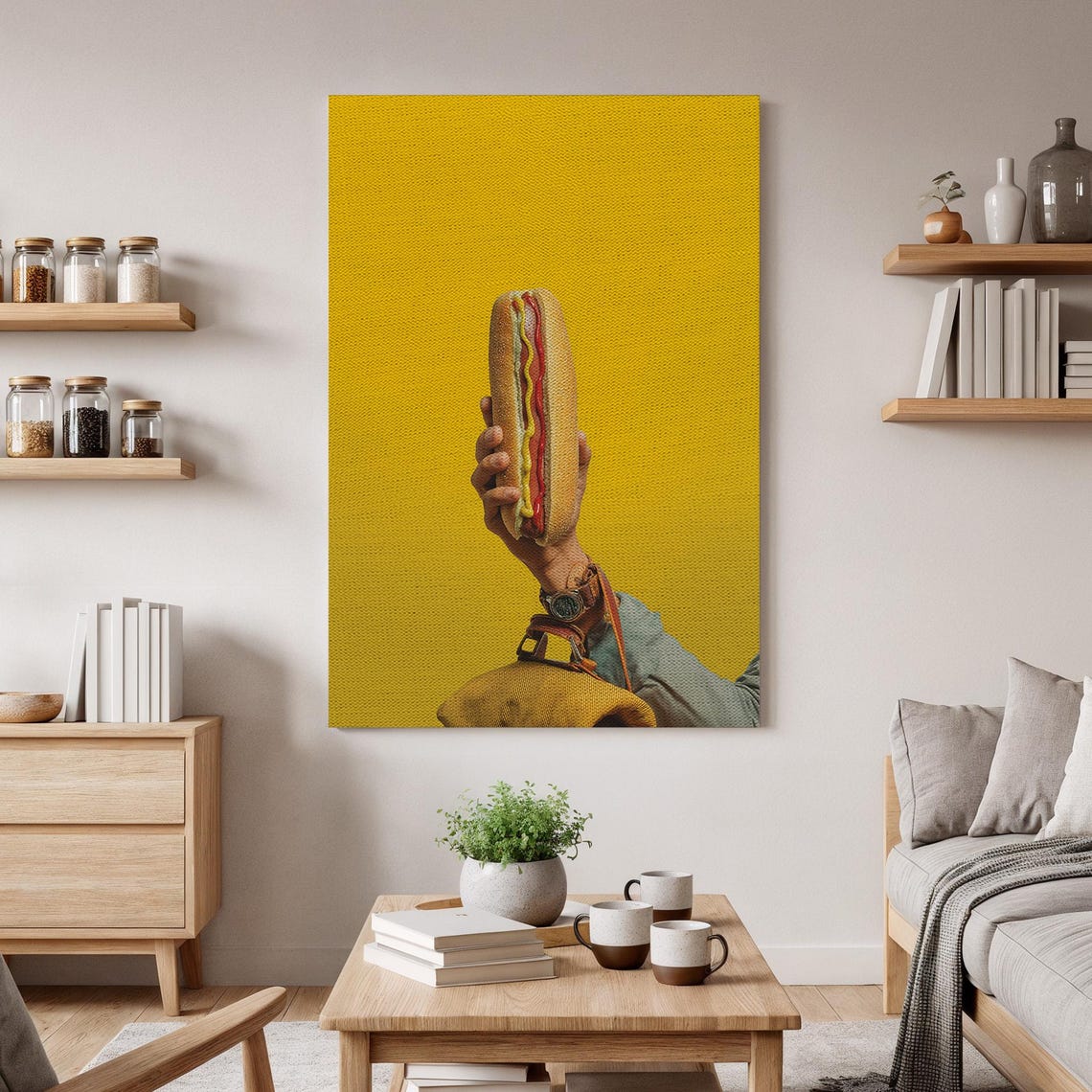 Giant Hot Dog Held High Mustard Yellow Pop Art Kitchen Poster