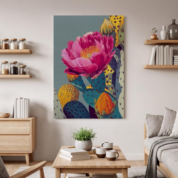 Cactus Flower Wall Art Vibrant Botanical Canvas Desert Bloom Print Modern Southwestern Home Decor Colorful Floral Hanging