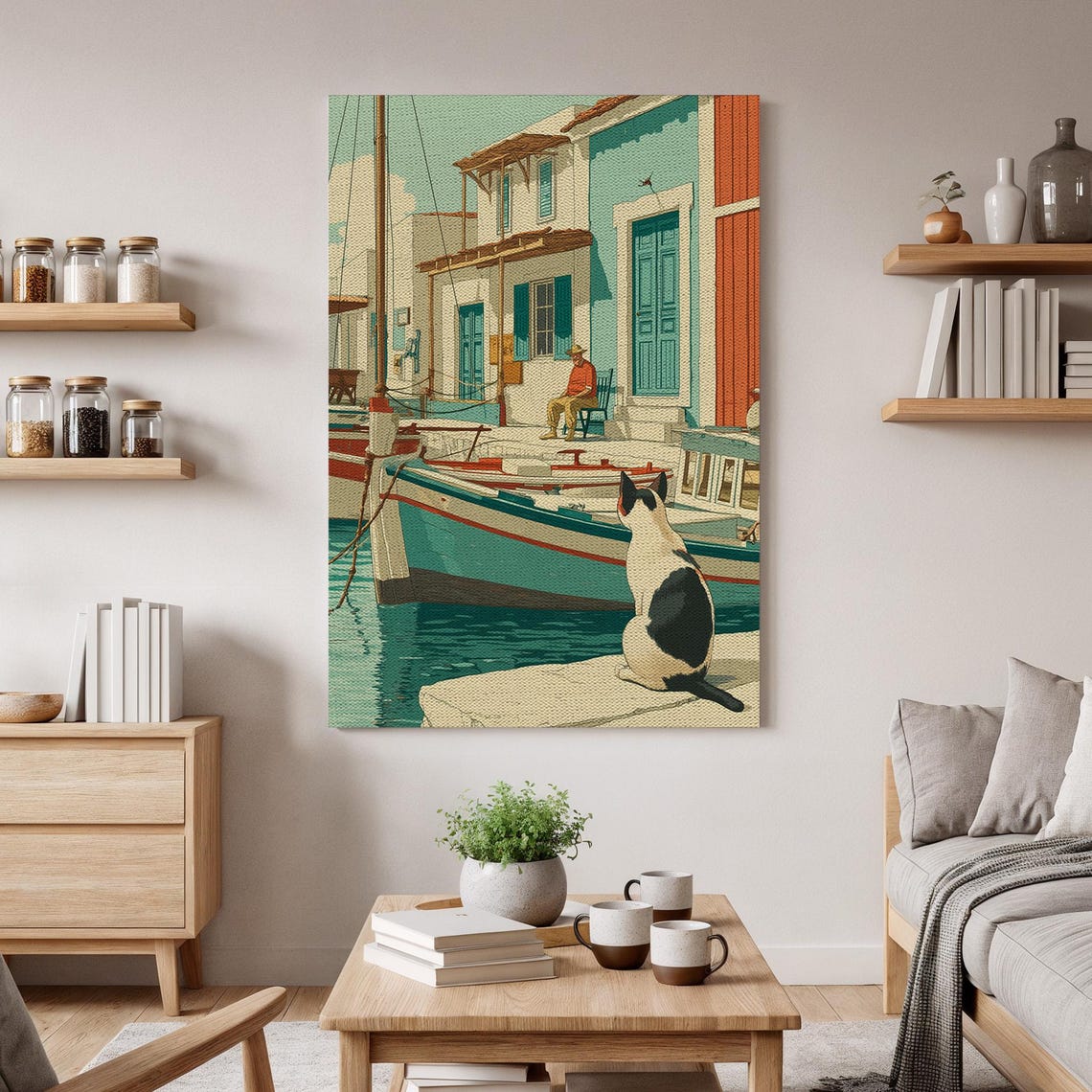 Coastal Cat Watching Fishing Boats Mediterranean Harbor Scene Wall Art