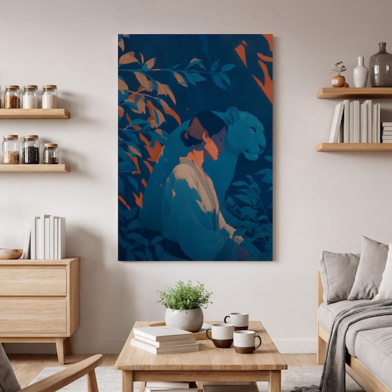 Mystical Jungle Woman With Blue Panther Double Exposure Poster