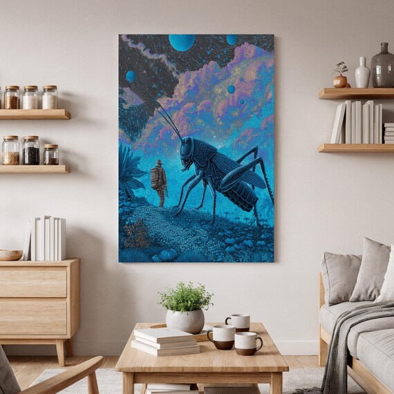 Surreal Blue Canvas Wall Art Giant Insect Dreamy Scifi Landscape Print Bedroom Decor Fantasy Room Gift For Lovers