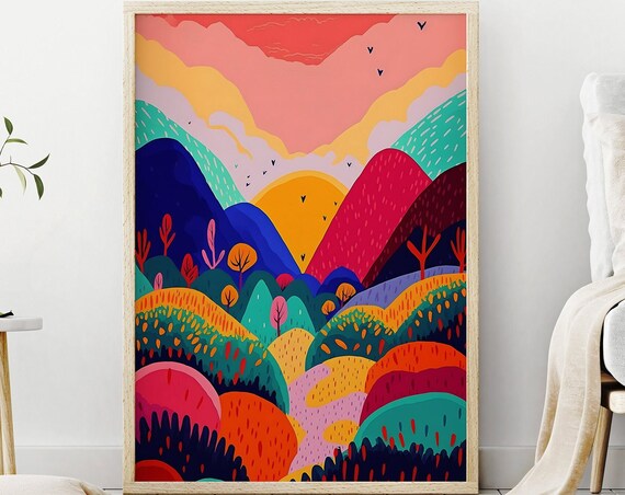Maximalist Wall Art Mountain Illustration Eclectic Poster Abstract Art Print Neon Colors Colorful Wall Art Pink Wall Art