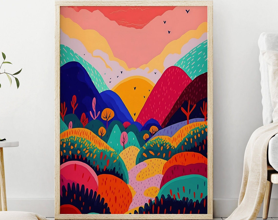 Bold Abstract Maximalist Vivid Mountain Sunset Hills Art Print