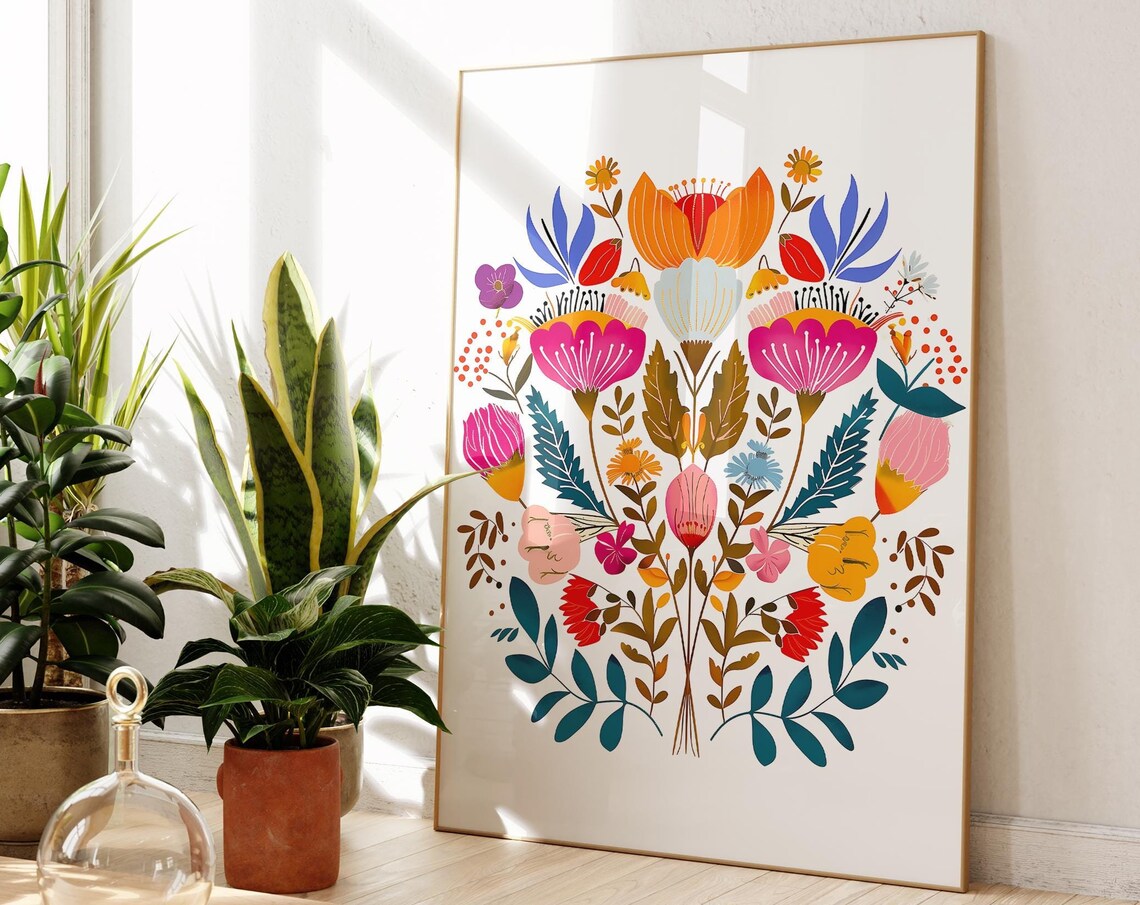 Scandinavian Folk Art Colorful Flower Bouquet Heart Motif Print - Image 4