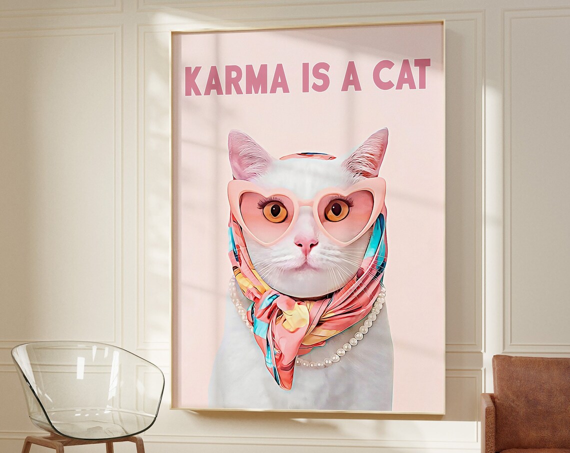 Karma Is A Cat Song Lyric White Cat Heart Sunglasses Pop Art Poster