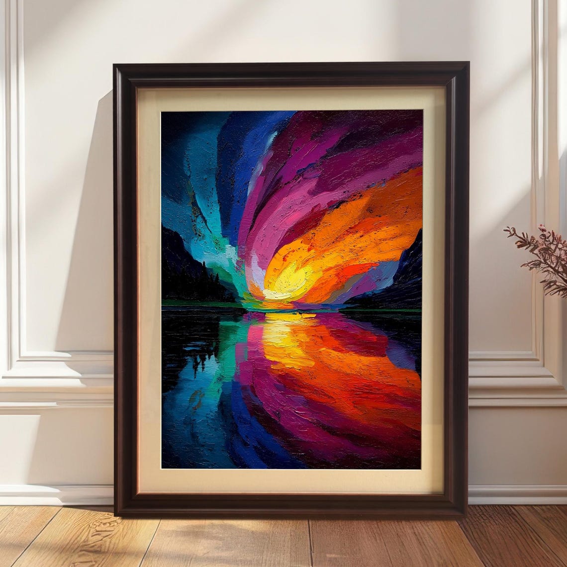 Swirling Abstract Sunset Over a Lake With Bright Reflection Poster