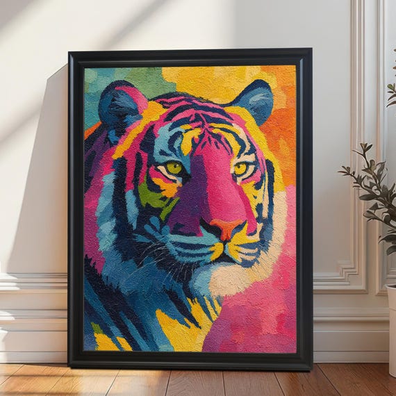 Pop Art Tiger Print Vibrant Abstract Animal Poster Wood Framed Wall Decor