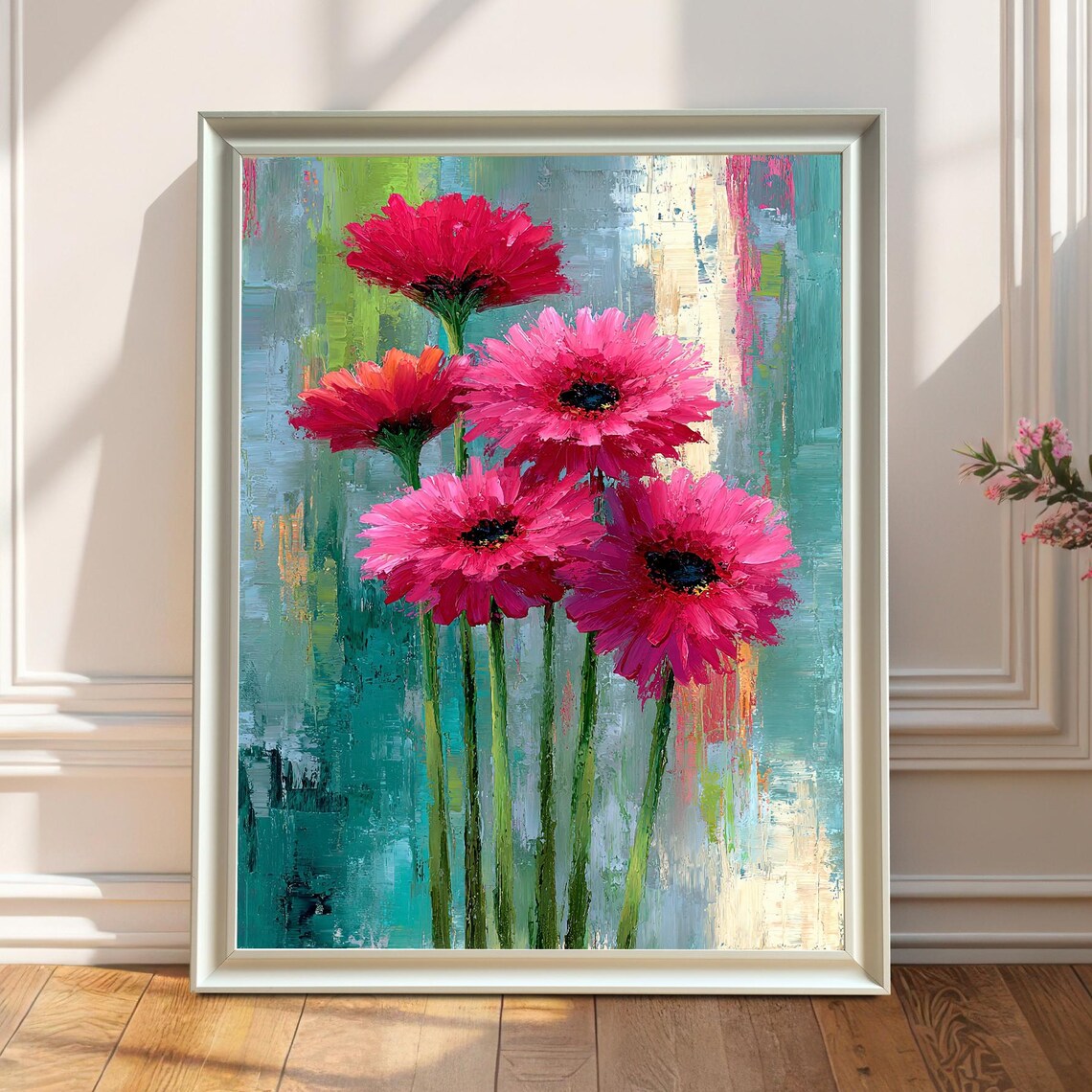 Vibrant Pink Gerbera Daisies Oil Painting Bold Floral Poster
